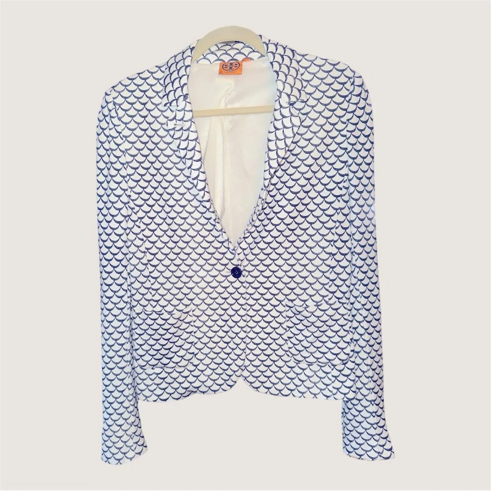 Tory Burch‎ Women Scalloped Print White Blue Blazer Size L